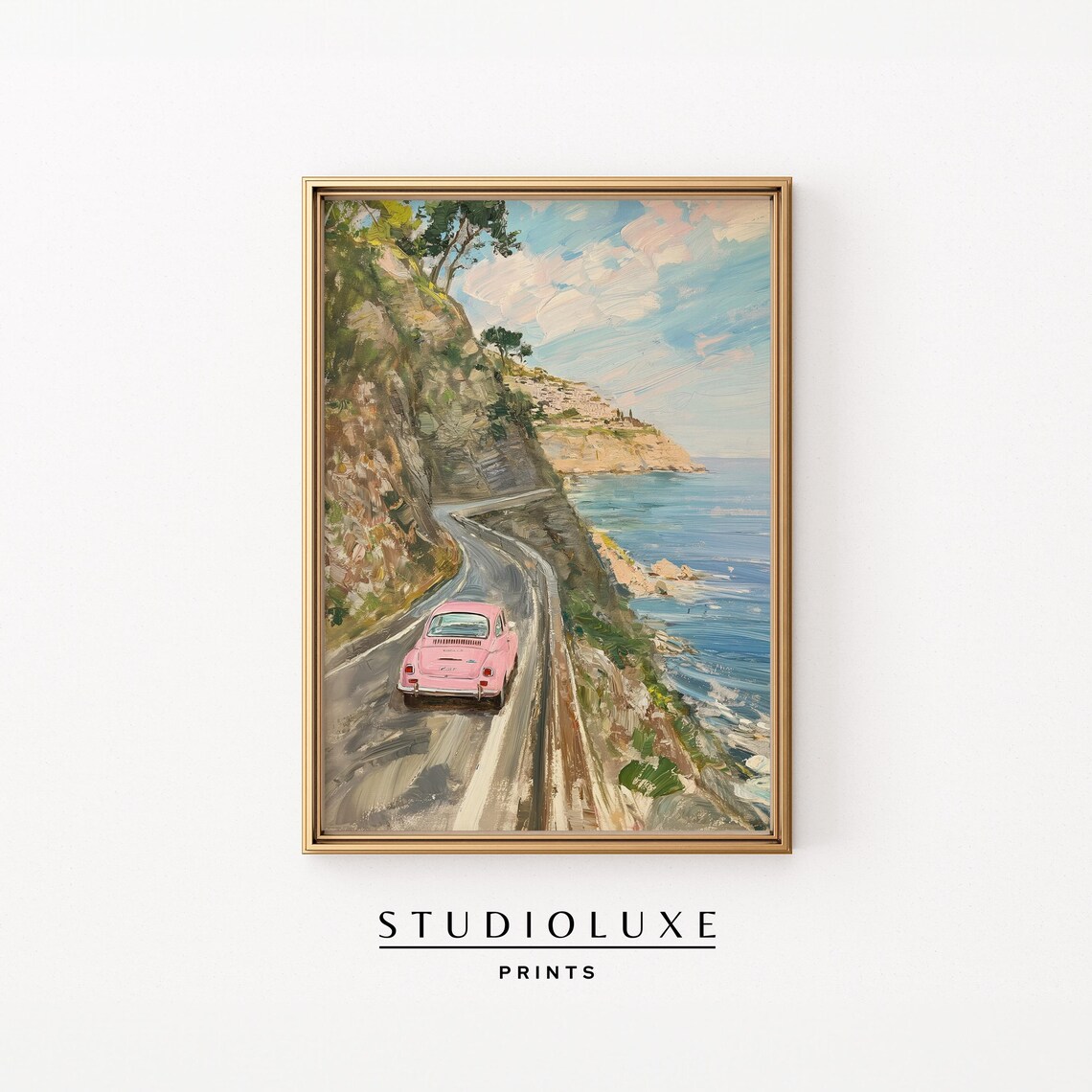 Pink Vintage Car on the Italian Coastal Highway Painting Poster