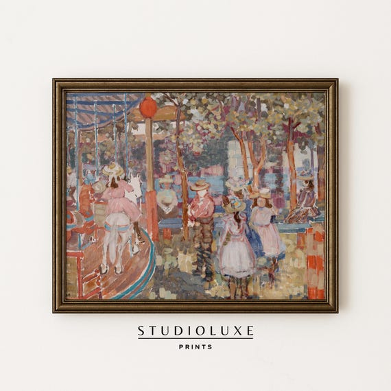 Vintage Carousel Painting Print Impressionist Amusement Park Wall Art Whimsical Summer Nursery French Style Decor