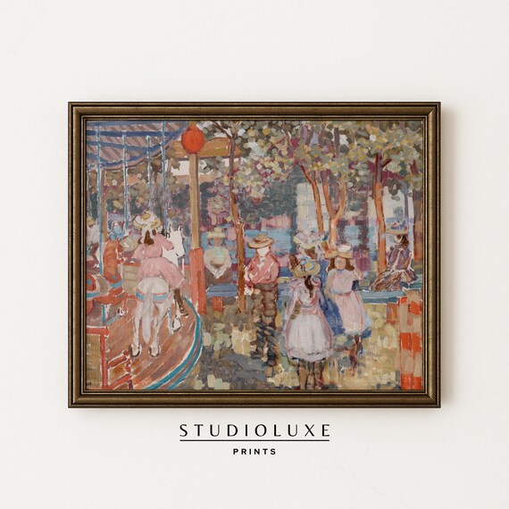 Vintage Carousel Park Scene Poster Impressionist Amusement Ride Art