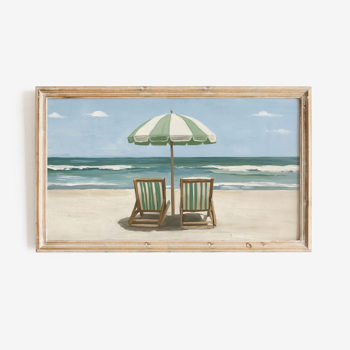 Two Beach Chairs Under Striped Umbrella on Sand Coastal Poster