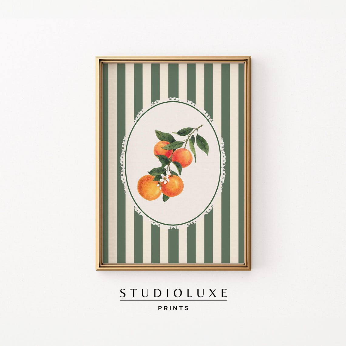 Ripe Oranges on a Branch in Lace Oval Vintage Botanical Art Print