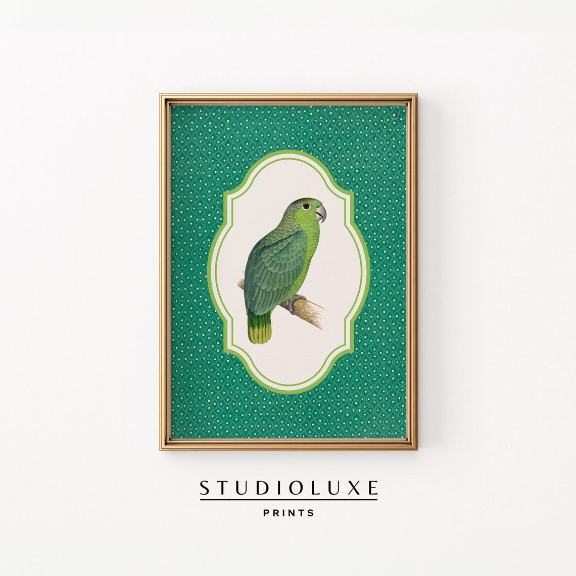 Vintage Green Parrot on a Patterned Emerald Bird Artwork Poster