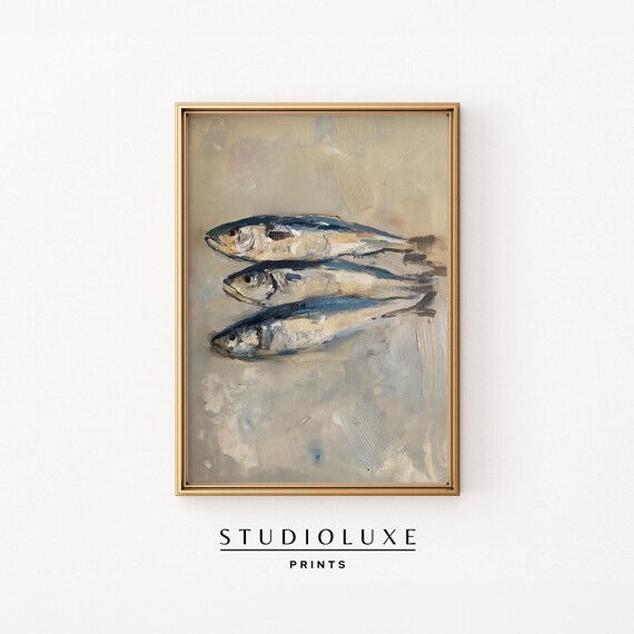 Three Sardines Oil Painting Minimalist Coastal Kitchen Art Poster