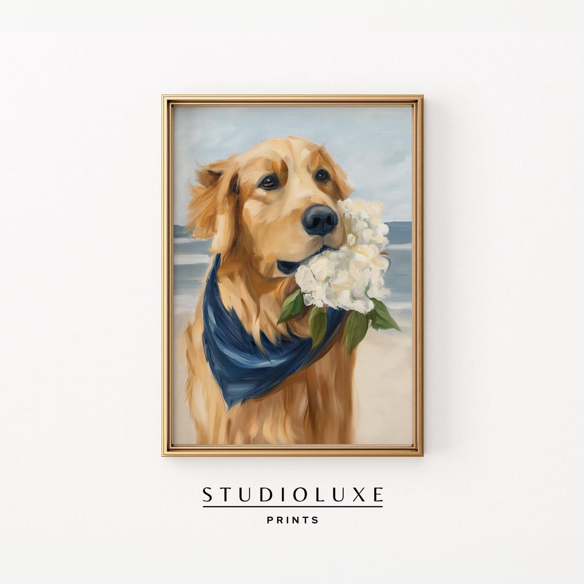 Golden Retriever In Blue Bandana Holding White Hydrangeas Poster