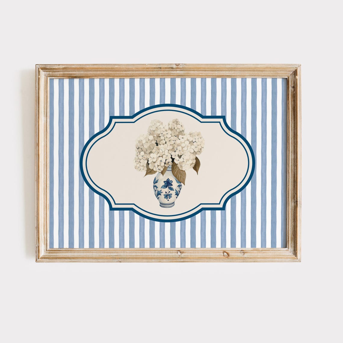 White Hydrangeas Chinoiserie Vase Striped Blue Botanical Poster