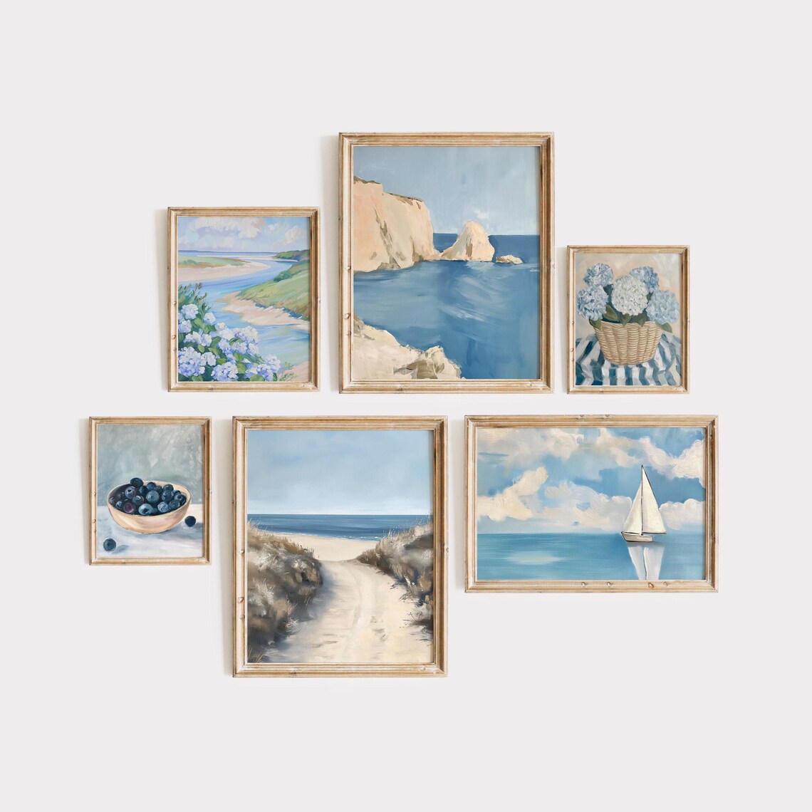 Set of 6 Coastal Paintings Gallery Wall Hydrangea Beach Sailboat Poster
