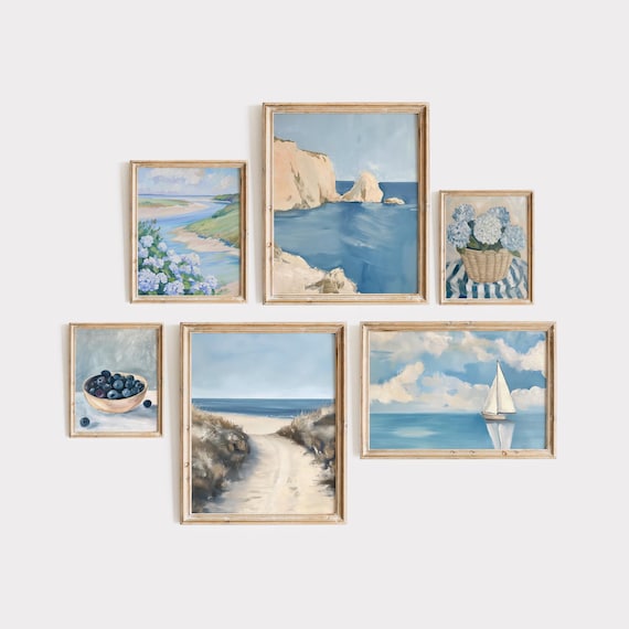 Set of 6 Coastal Paintings Gallery Wall Hydrangea Beach Sailboat Poster