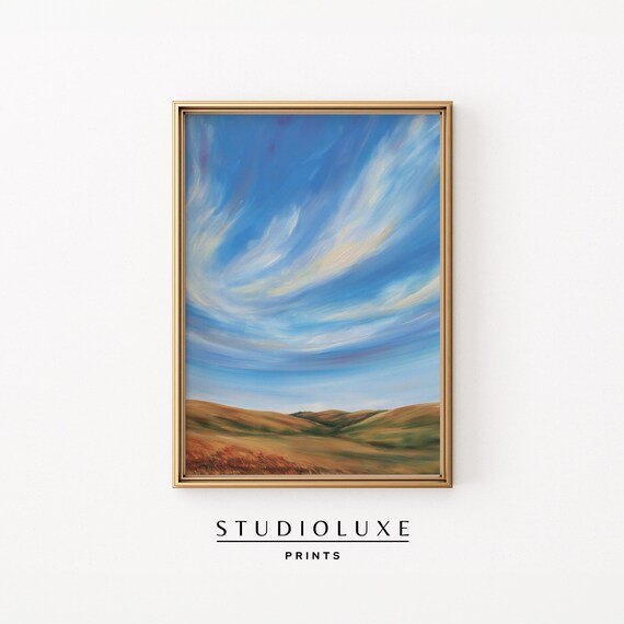 Swirling Clouds Over Golden Hills Poster, Autumn Sky Landscape Painting