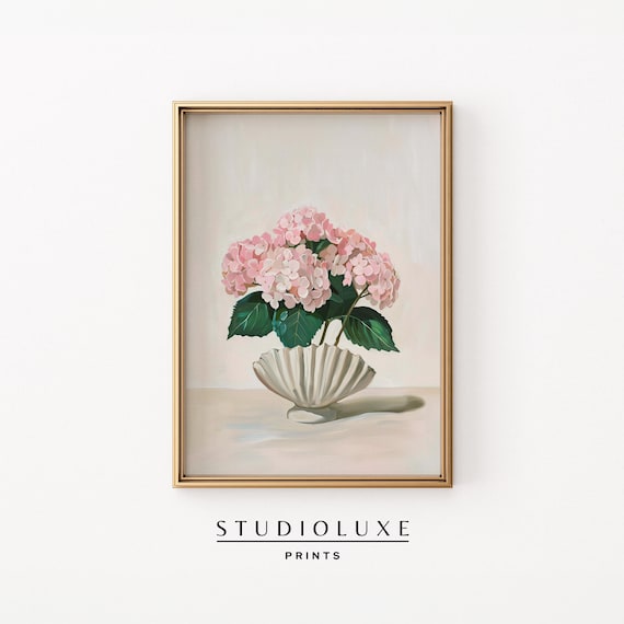 Pink Hydrangea Bouquet in White Scallop Shell Vase Still Life Art Poster