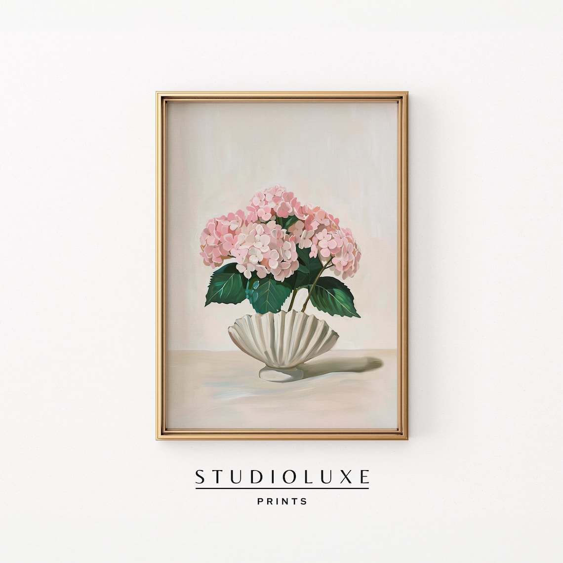 Pink Hydrangea Bouquet in White Scallop Shell Vase Still Life Art Poster
