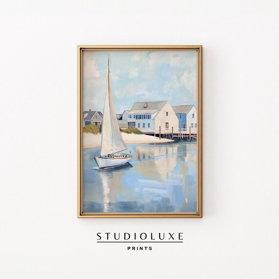 White Sailboat on Calm Blue Water by Waterfront Houses Harbor Poster