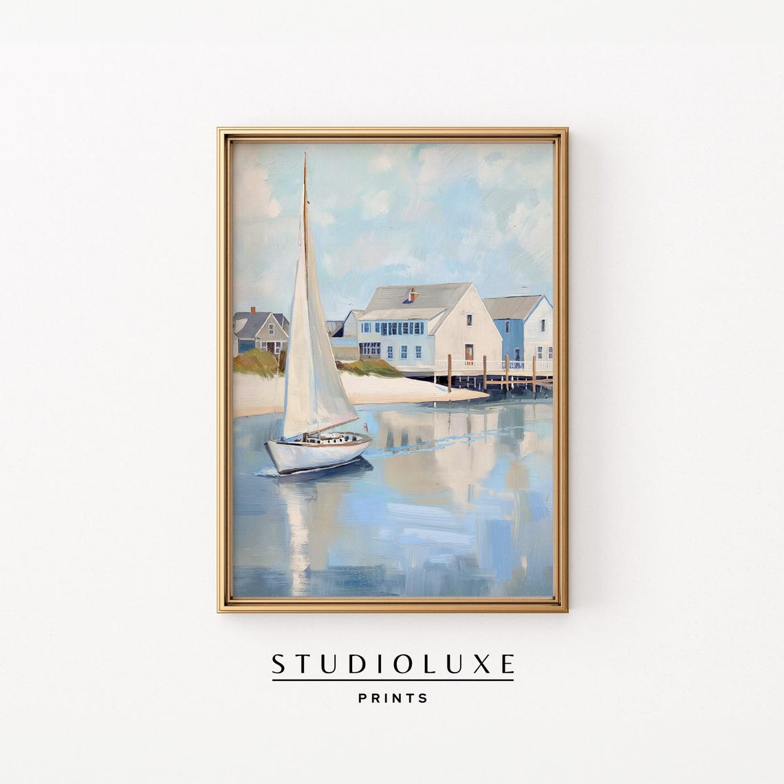 White Sailboat on Calm Blue Water by Waterfront Houses Harbor Poster