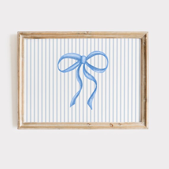 Charming Blue Bow on Pale Blue Stripes Horizontal Coquette Poster