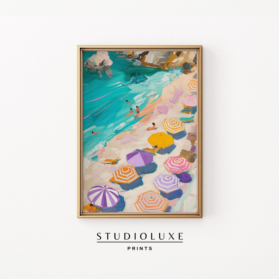 Colorful Beach Umbrellas On Turquoise Shore From Above Poster
