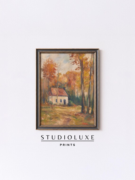 Cottage in Autumn Woods Poster, Impressionist Oil Painting Landscape