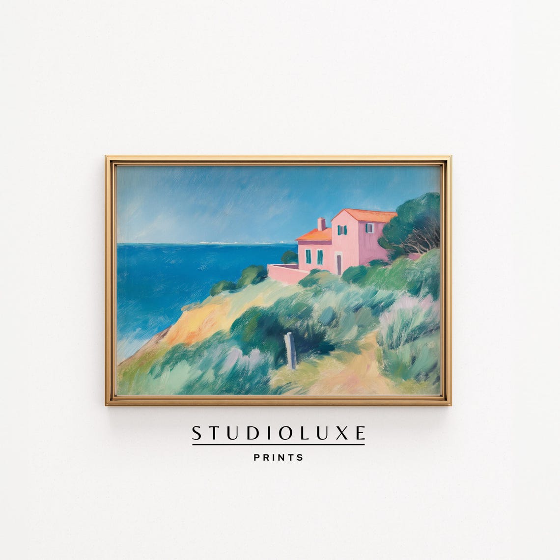 Pink Cliffside House Poster French Coastal Villa Ocean View Painting