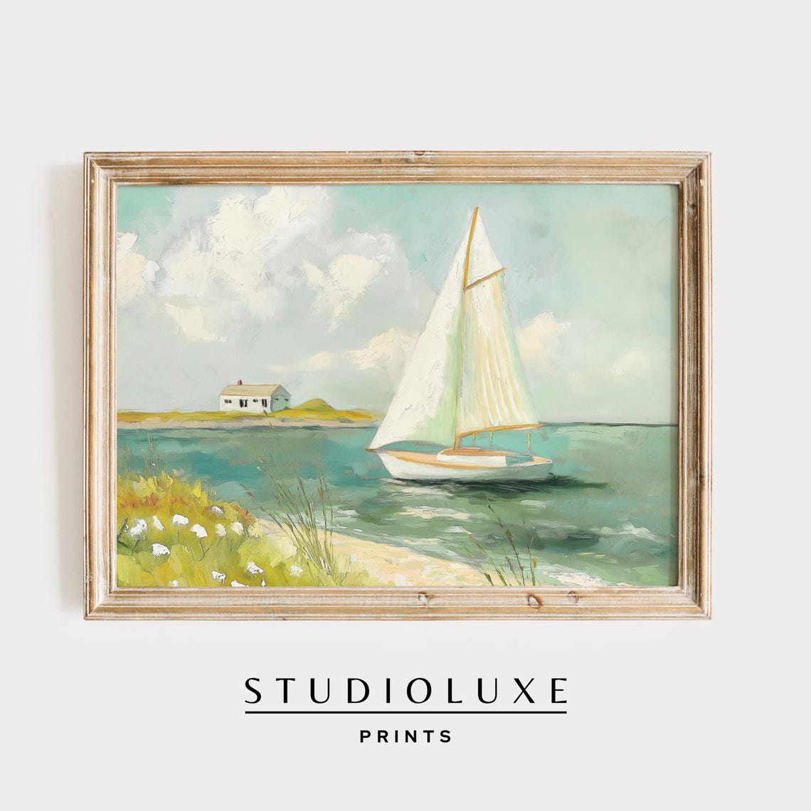 White Sailboat on Teal Water by Coastal Cottage Impressionist Poster