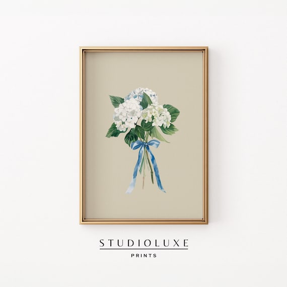 White Hydrangea Bouquet with Blue Bow Watercolor Floral Poster