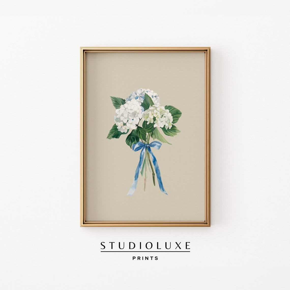 White Hydrangea Bouquet with Blue Bow Watercolor Floral Poster