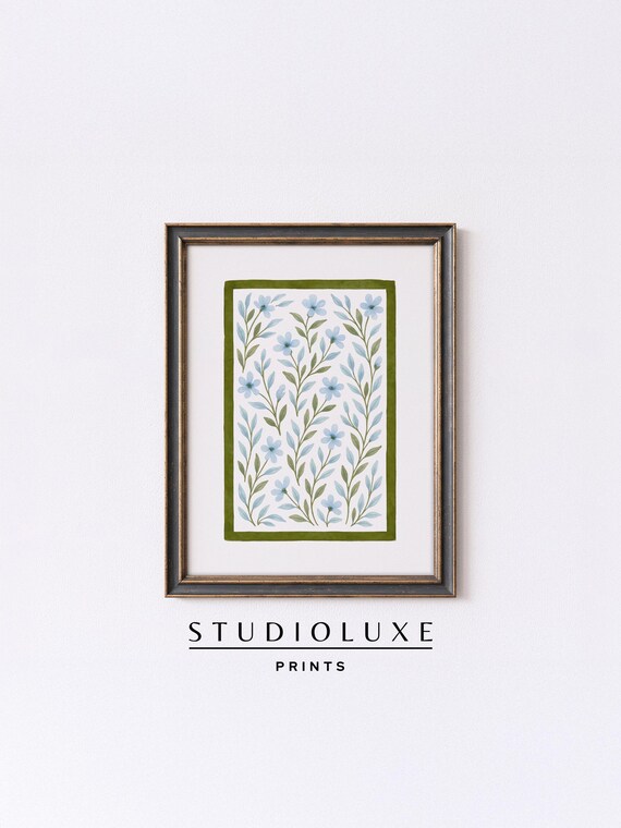 Blue and Green Folk Floral Pattern Poster, Vintage Botanical Border Design