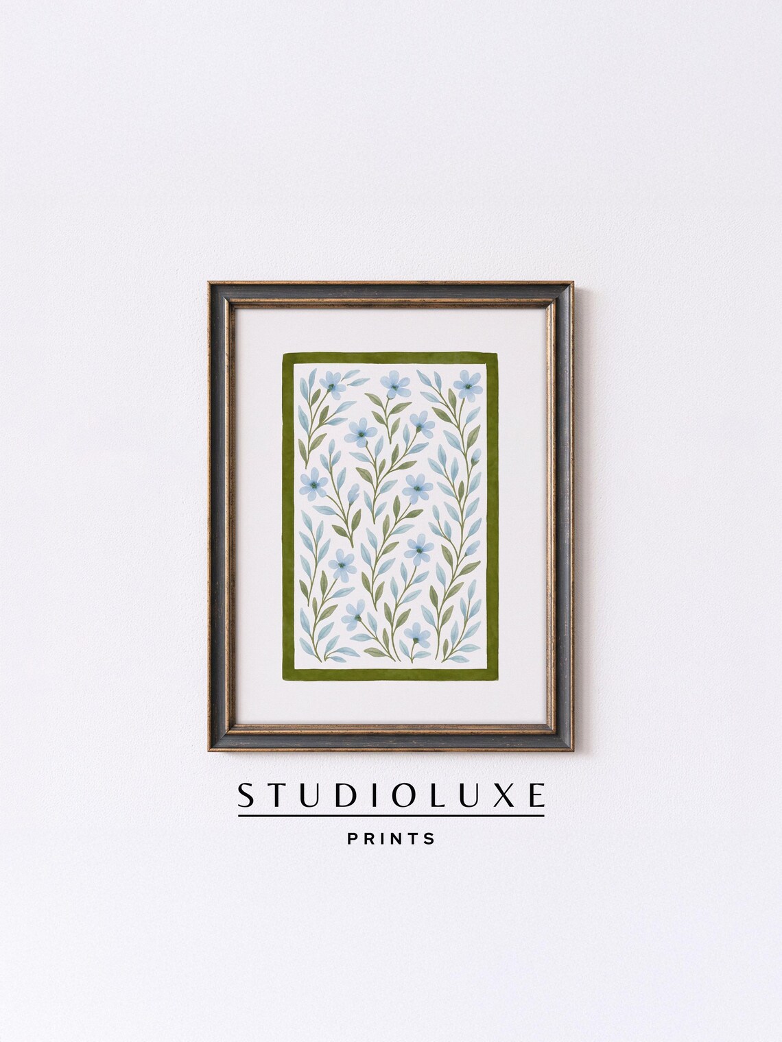Blue and Green Folk Floral Pattern Poster, Vintage Botanical Border Design