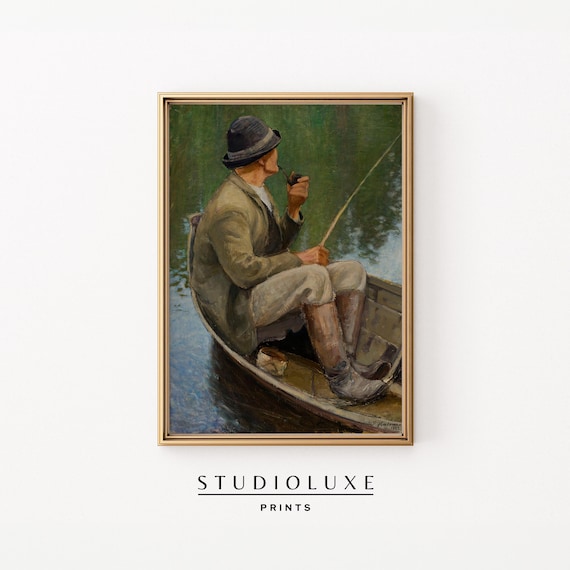 Vintage Fisherman Rowboat Poster Pipe Smoking Lake Fishing Oil Painting