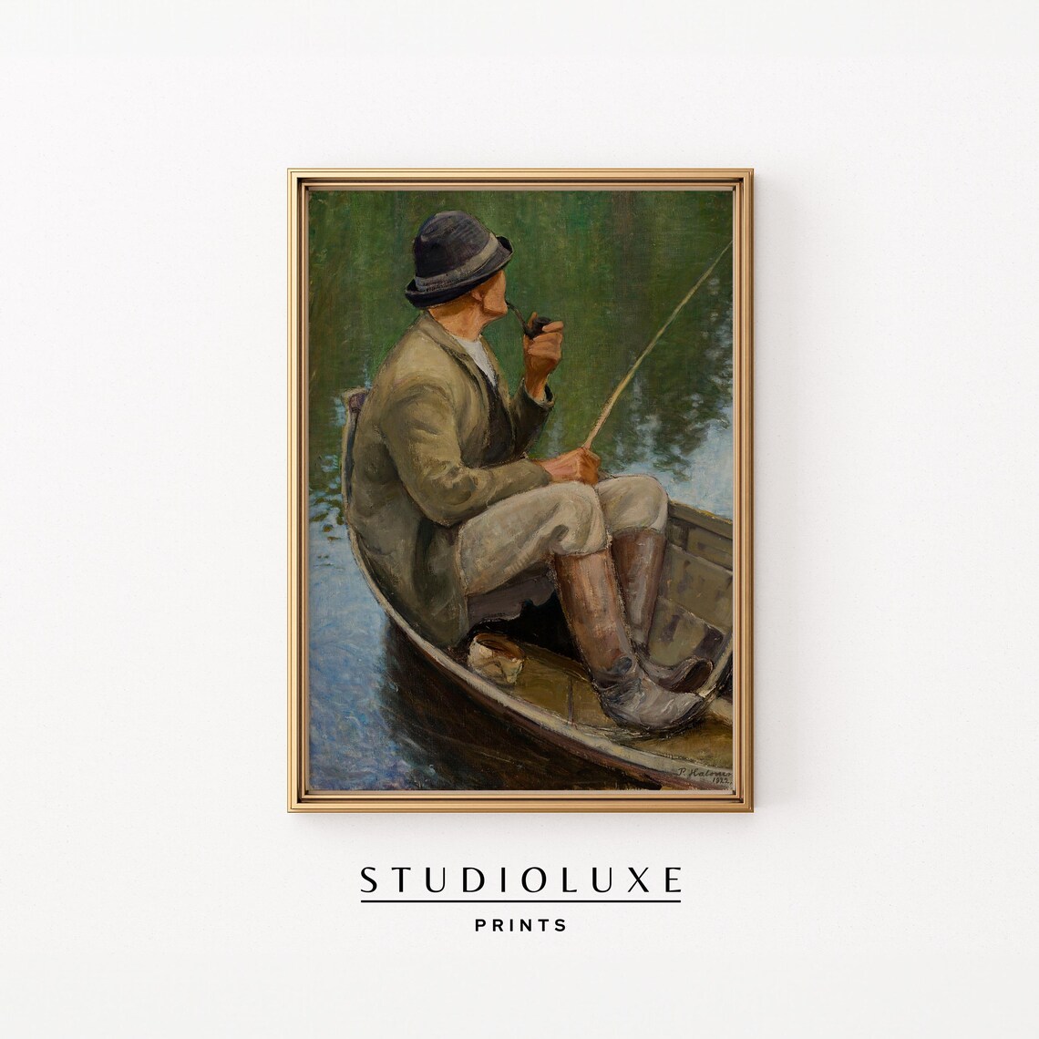 Vintage Fisherman Rowboat Poster Pipe Smoking Lake Fishing Oil Painting