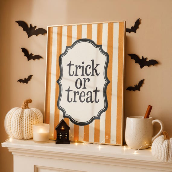 Trick or Treat Retro Serif Sign Vintage Badge Orange Stripe Halloween Poster
