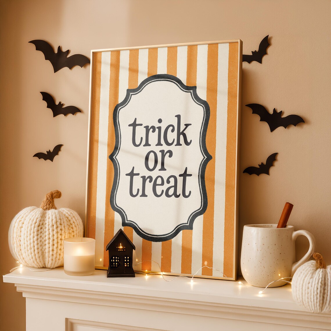 Trick or Treat Retro Serif Sign Vintage Badge Orange Stripe Halloween Poster