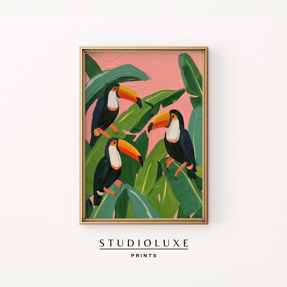 Three Toco Toucans Perched Among Banana Leaves Tropical Poster
