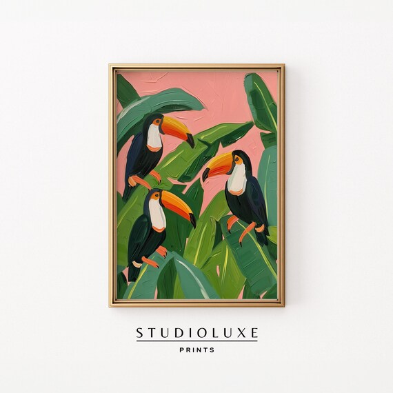 Three Toco Toucans Perched Among Banana Leaves Tropical Poster