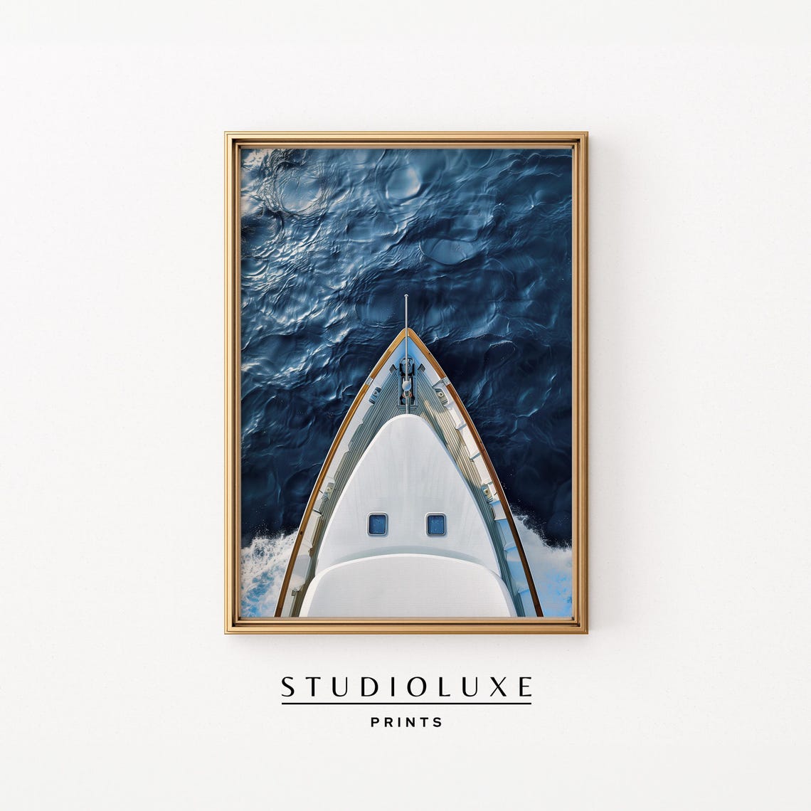 Aerial Photo of Luxury Yacht Bow Sailing Deep Blue Ocean Poster