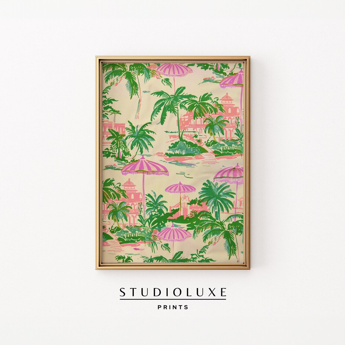 Palm Beach Tropical Toile Art Print, Coastal Preppy Decor