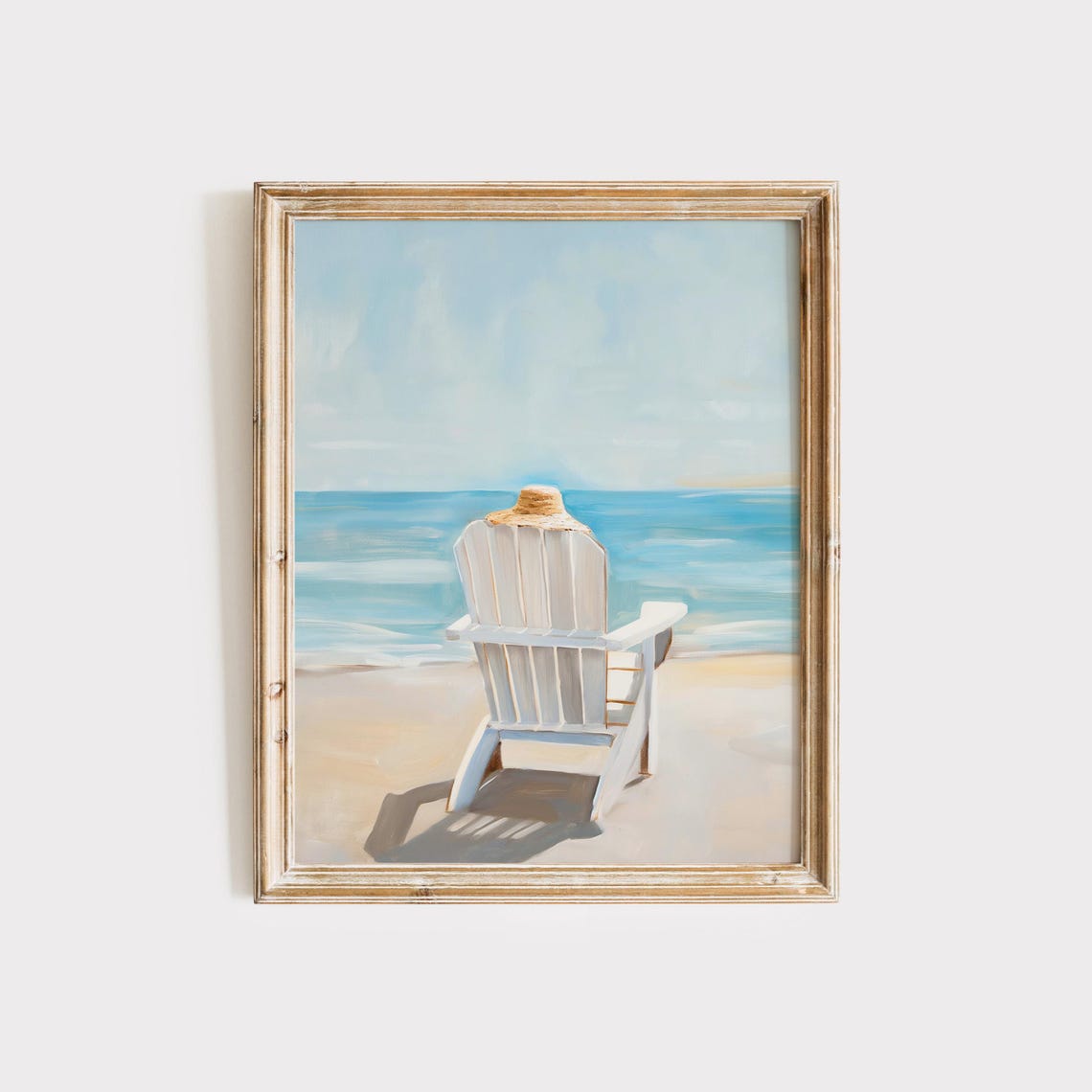 White Adirondack Chair With Straw Hat Facing Calm Ocean Poster