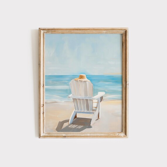 White Adirondack Chair With Straw Hat Facing Calm Ocean Poster