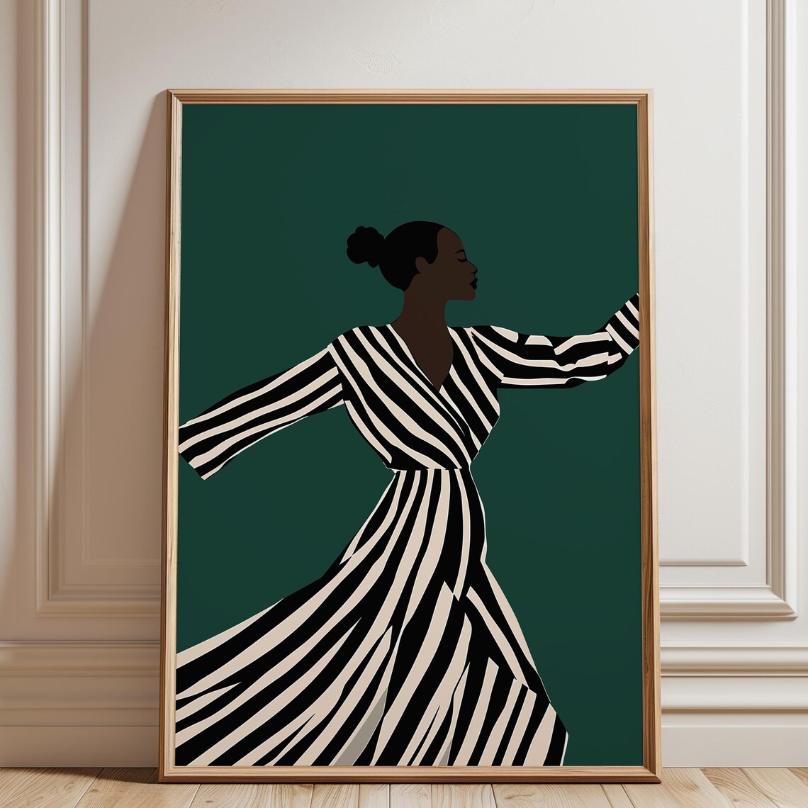 Joyful Dancing Woman In Flowing Striped Dress Emerald Poster