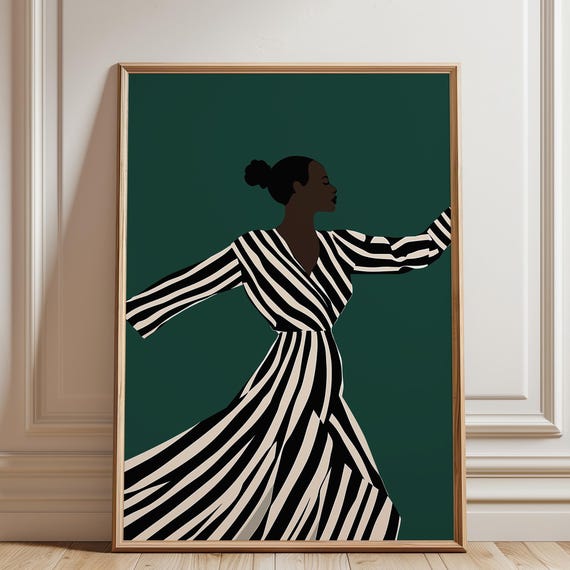 Emerald Green Abstract Female Poster Dancing Woman Illustration Minimalist Striped Print Contemporary Print Black Girl