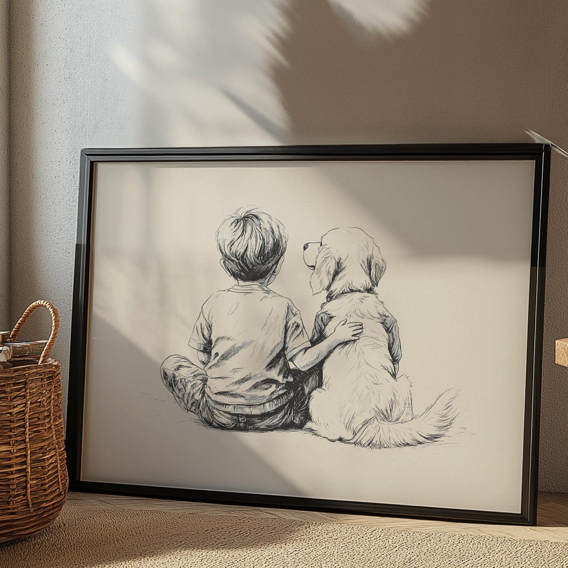 Boy And Golden Retriever Nursery Poster Dog Nursery Print Kids Room Retro Art Dog Sketch Art Neutral Dog Drawing Boys Room Decor