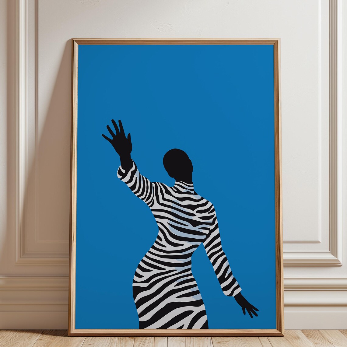 Stylish Woman In Zebra Striped Dress Against Bright Blue Poster