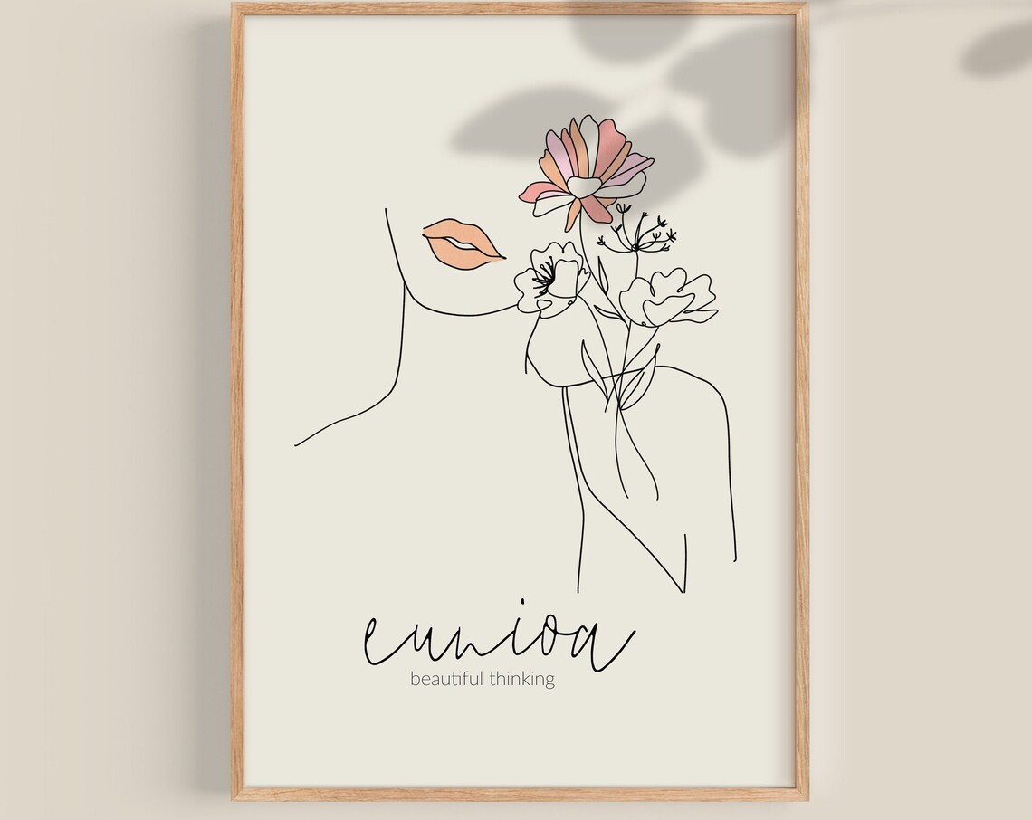 Eunoia Beautiful Thinking Woman Line Art Floral Modern Poster