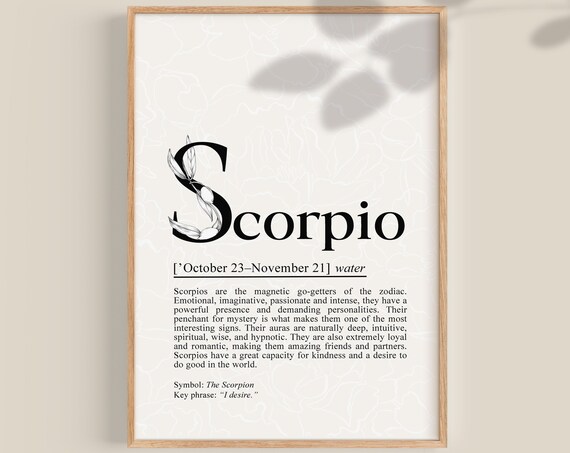 Scorpio Zodiac Sign Definition Botanical Typography Black White Art Poster