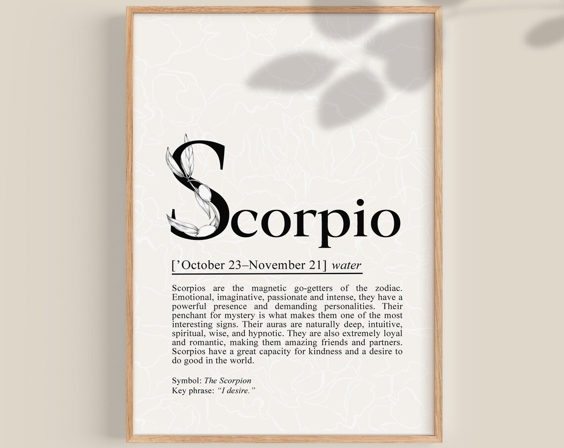 Scorpio Zodiac Sign Definition Botanical Typography Black White Art Poster
