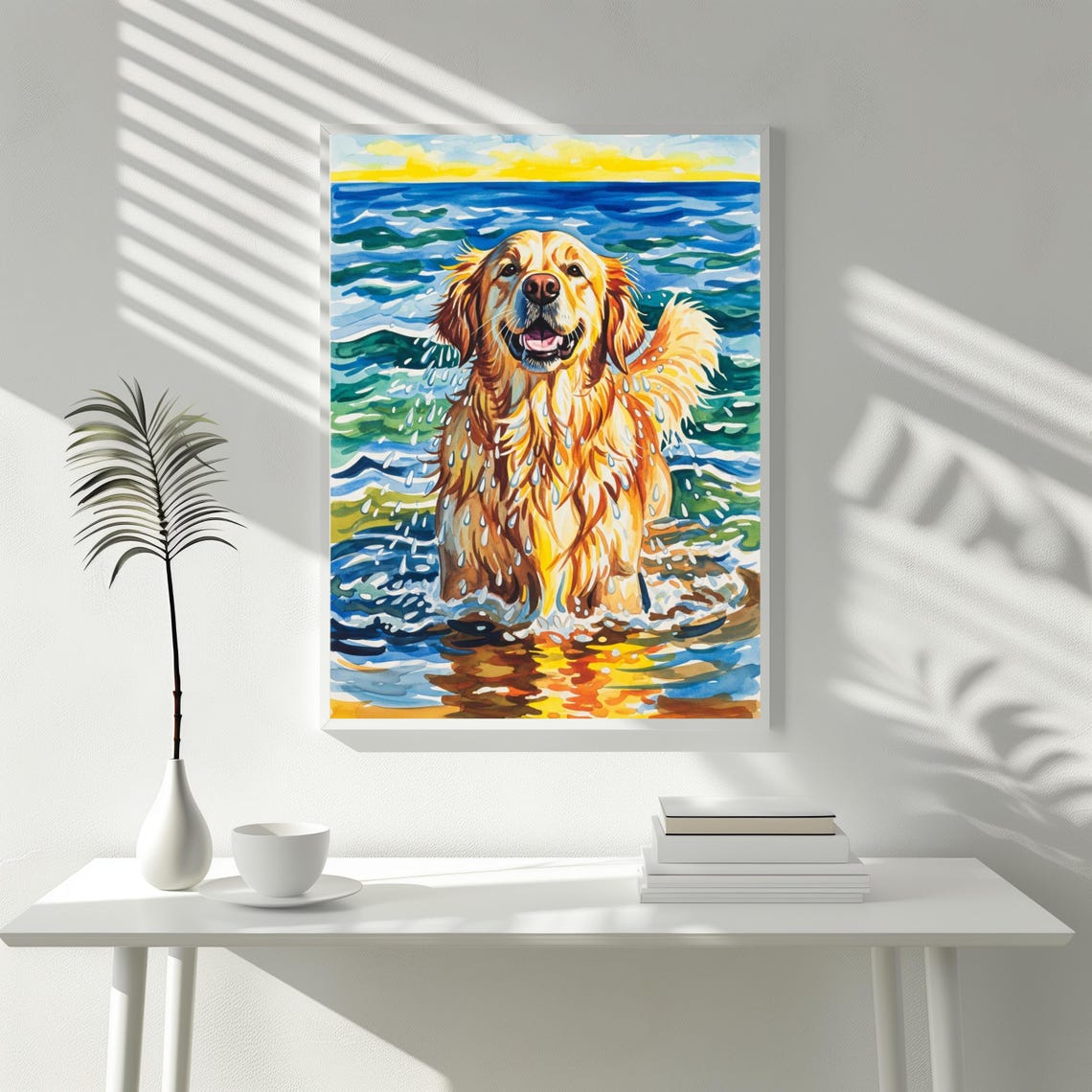 Golden Retriever Splashing in Ocean Watercolor Dog Beach Fun Poster