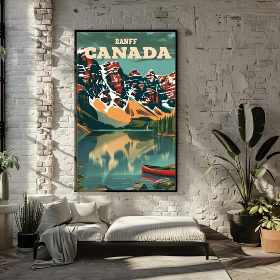 Banff Canada Vintage Travel Poster Red Peaks Lake Reflection Canoe