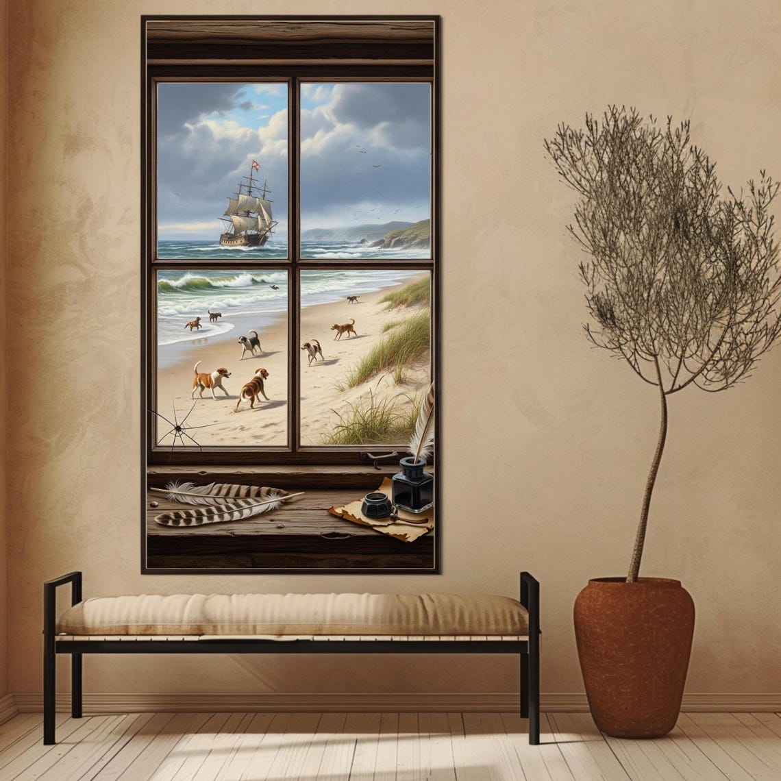 Seaside Window View With Dogs Tall Ship And Writer Desk Poster