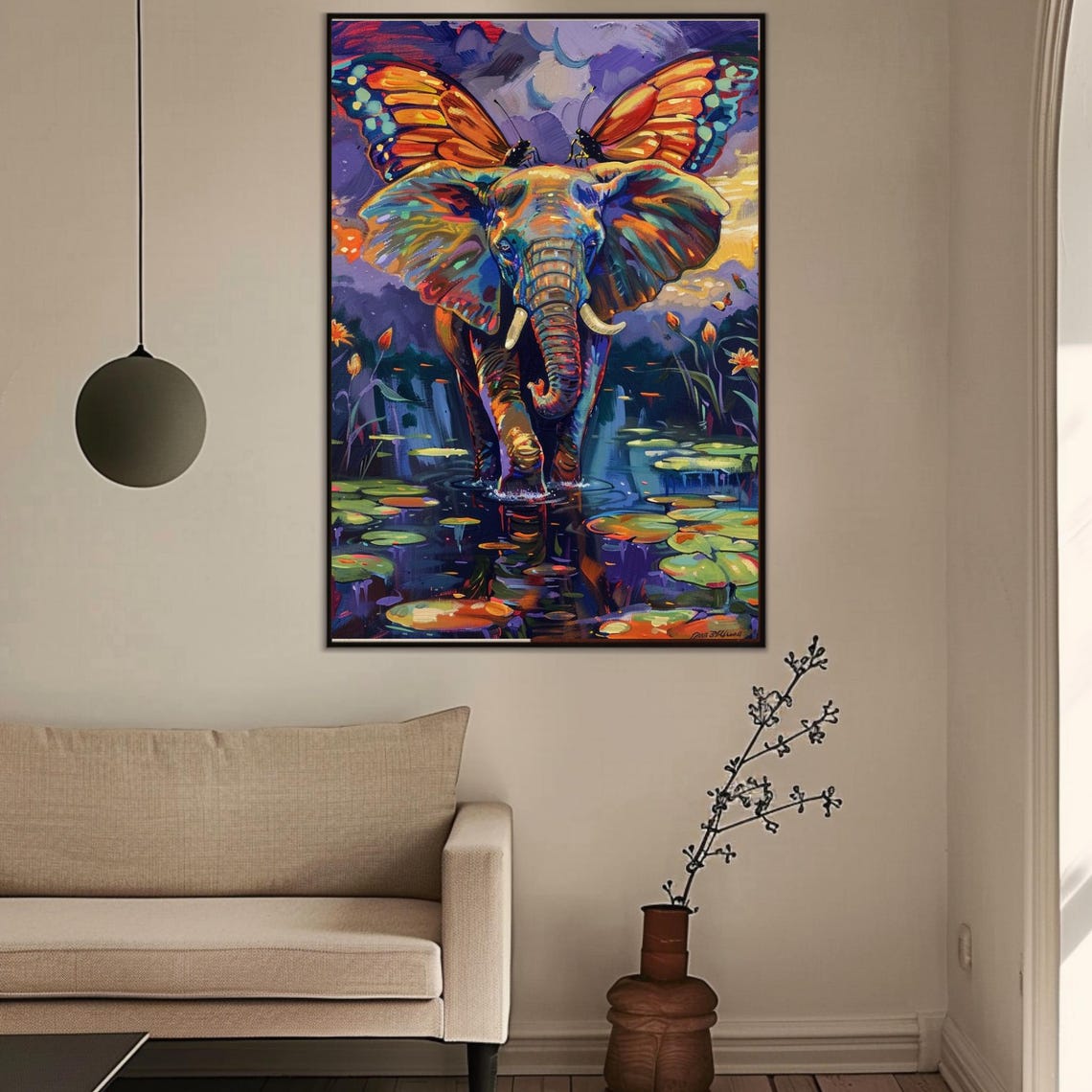 Colorful Elephant With Butterfly Wings In Lily Pond Wall Art