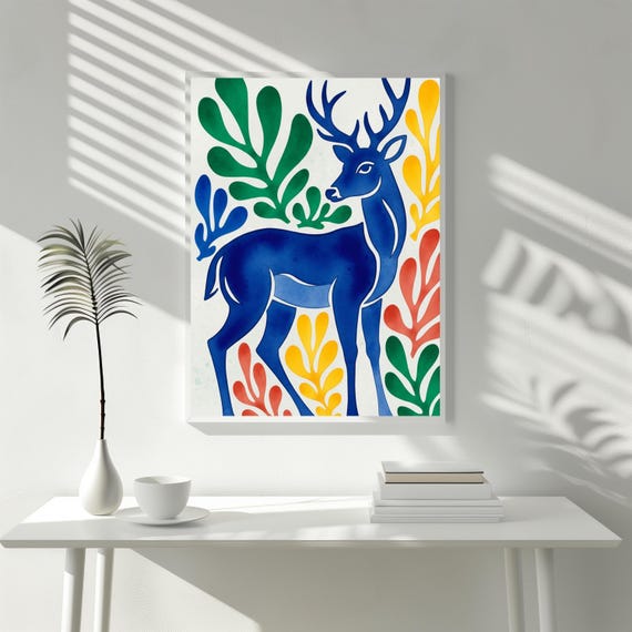Deer In Abstract Blue Foliage Matte Vertical Posters Wall Art For Nature Lovers Matisse Inspired Home Decor Colorful Modern Prints