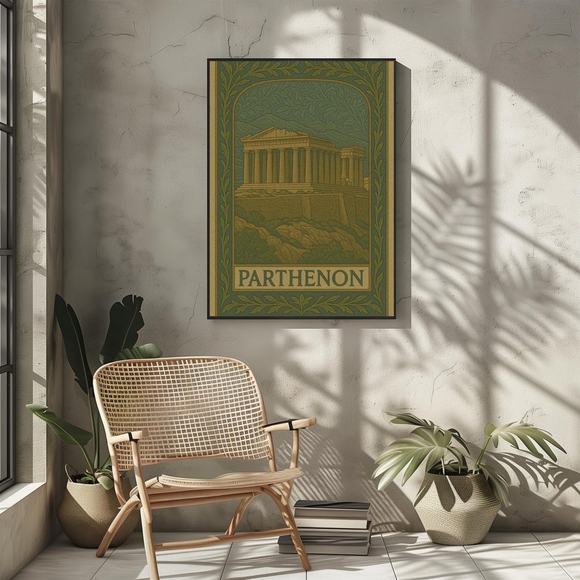 Parthenon Athens William Morris Style Vintage Green Art Poster