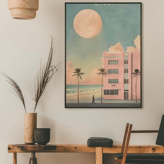 Miami Beach Art Deco Pink Hotel Retro Florida Travel Poster Art