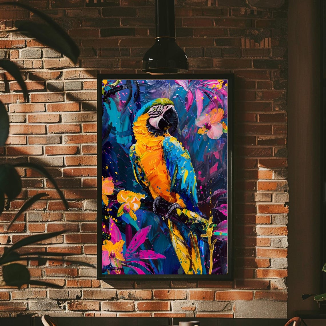 Electric Blue Impasto Parrot With Tropical Orchid Flowers Wall Art